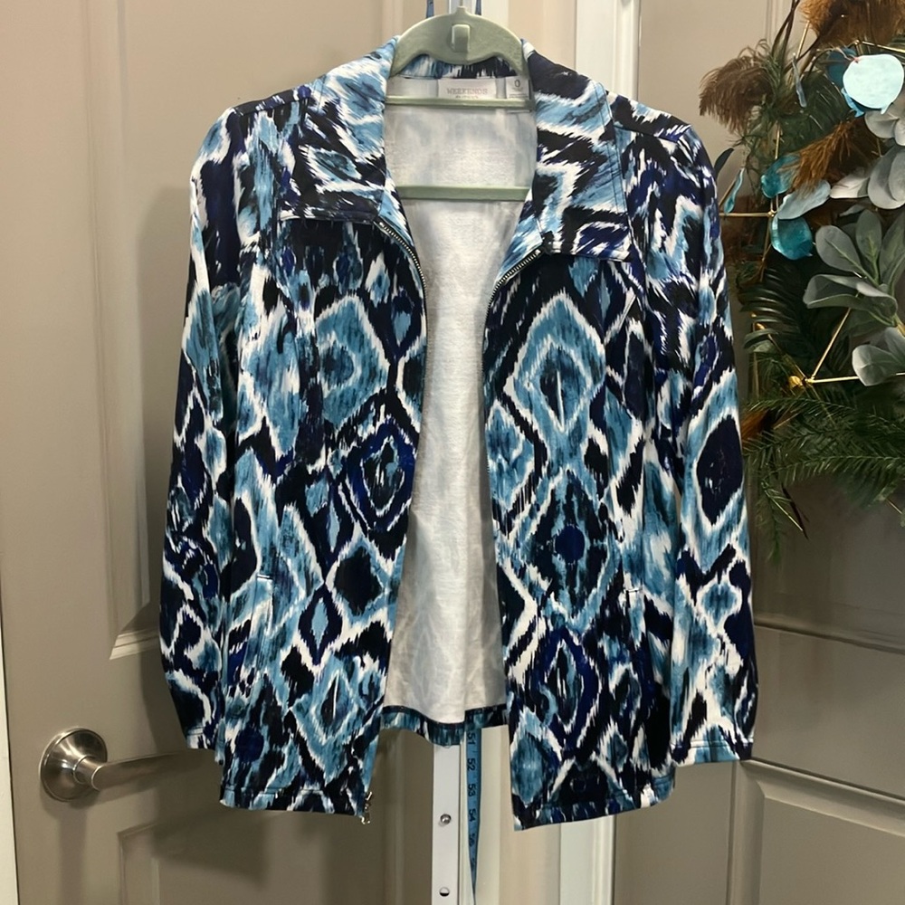 Chico's Blue and White Bomber Jacket with Geometric Print